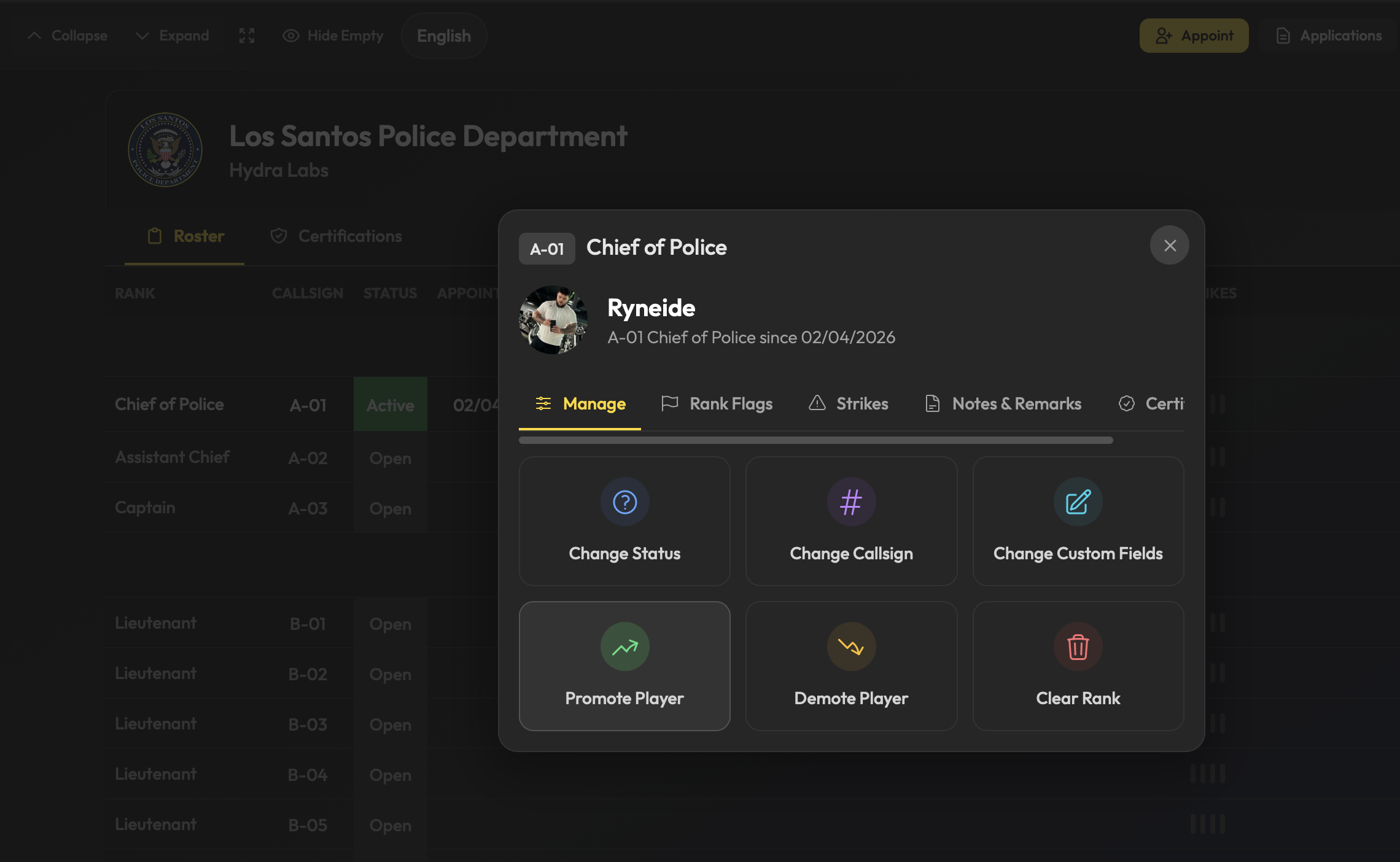 FiveRoster dashboard showing roster management with promotions and Discord sync